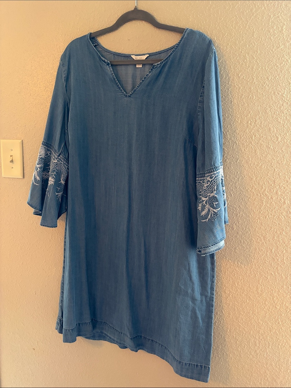 Denim Blue Embroidered Bell-Sleeve Women’s Dress